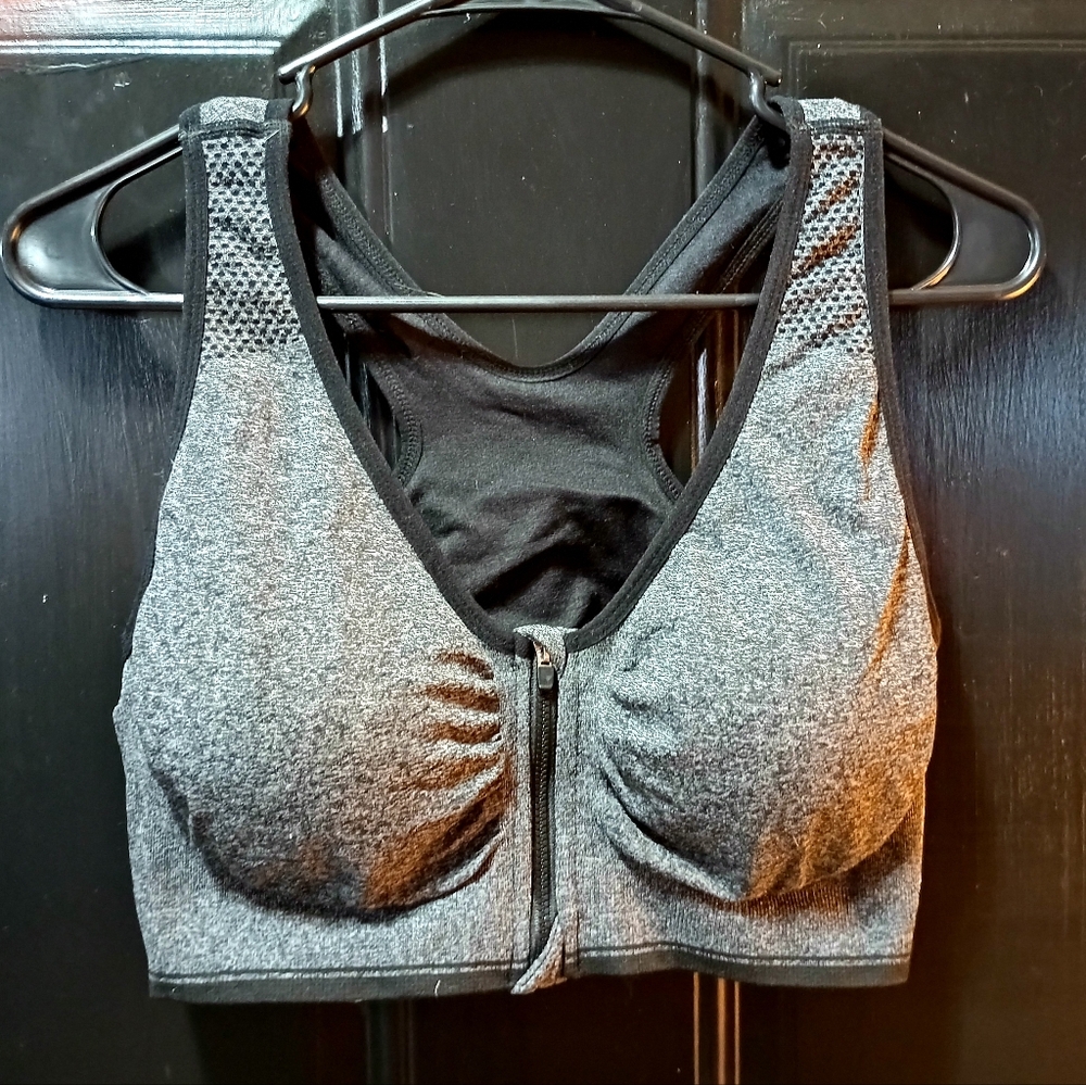 Gray Zip-Front Sports Bra